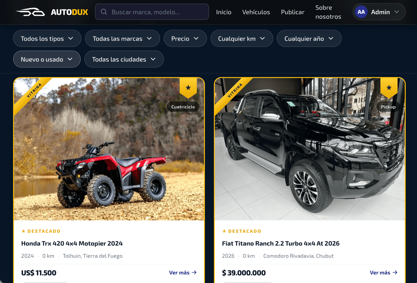 Fichas de vehículos con precio y detalle