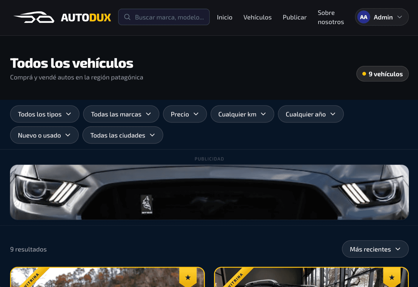 Listado de vehículos con buscador y filtros